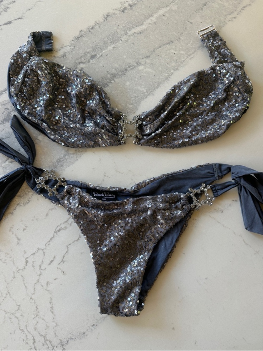 Beach Bunny Black Sequin Bikini with Crystal Rings